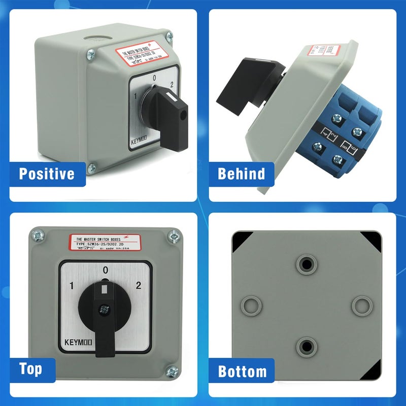 Keymoo 25A Rotary Changeover Switch with Exterior Box for Solar Power System, 3 Position 2 Phase 8 Terminals, 2-Way 2NO 2NC Universal Selector Switch 25/D202.2D - Image 5